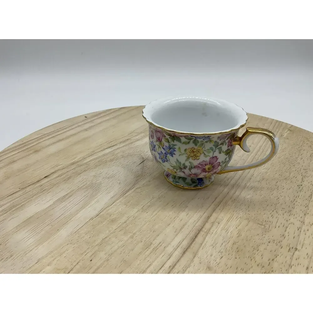 Floral Porcelain Tea Cup Gold Trim Footed Scalloped Rim Multicolor Vintage Retro